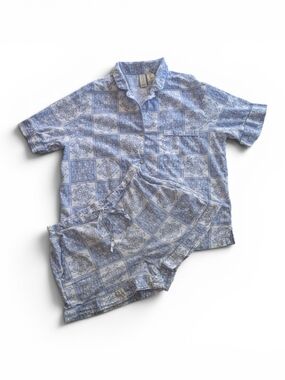 Joie Organic Cotton Pajama Set Sz M Blue White Tile Print Shorts PJ Sleepwear